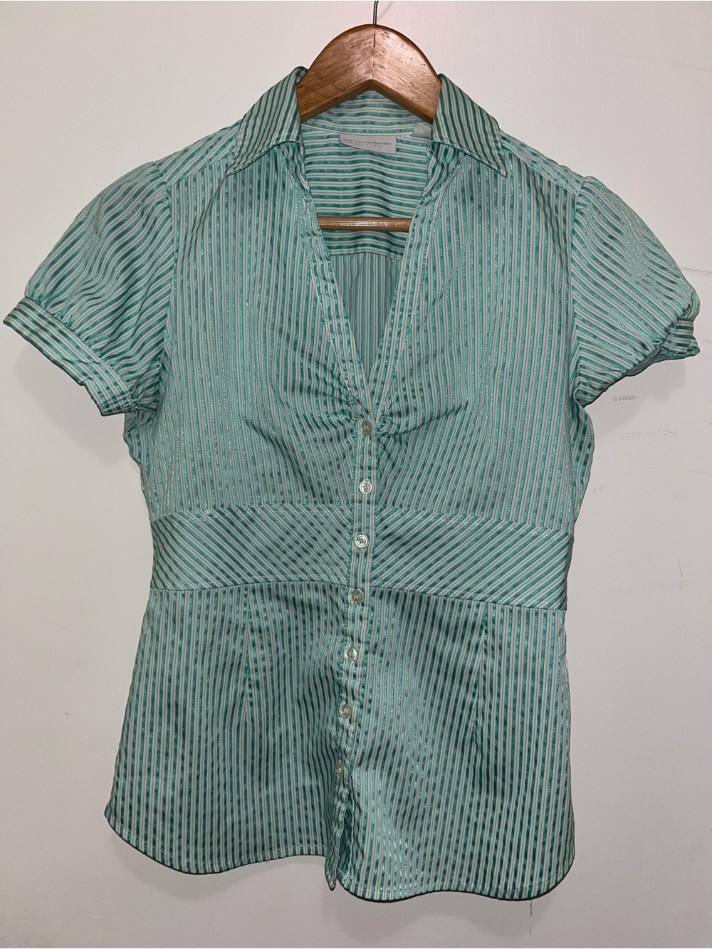 Stretch Striped Button-Front Blouse - Mint Green